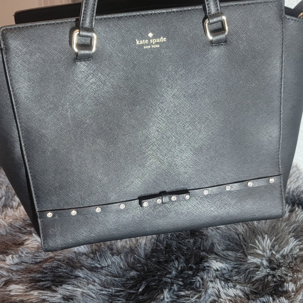 Kate Spade Laurel Way Jeweled Large Hadlee Black Leather Bag 11.5"‎ X 10" EUC - Picture 7 of 16